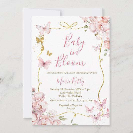 Bébé rose en fleurs Invitation florale (Devant)