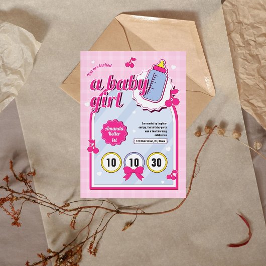 Bébé rose fille 1er anniversaire Invitation