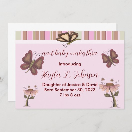 Bébé rose Fille papillon Faire-part de naissance (Devant / Derrière)