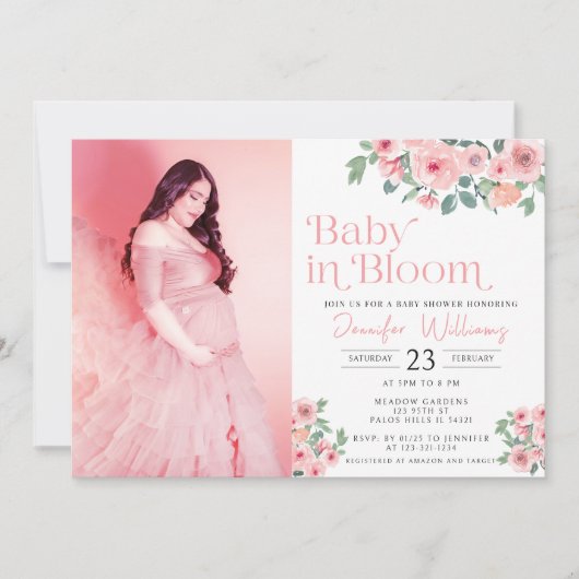 Bébé rose fleuri dans la douche fleurie invitation (Devant)