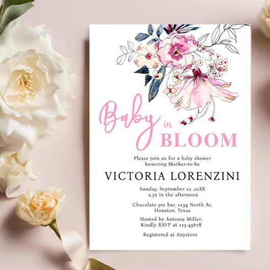 Bébé rose floral en fleur Baby shower Invitation