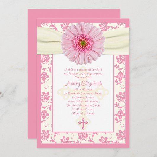 Bébé rose Gerbera ivoire Baptême Invitation (Devant / Derrière)