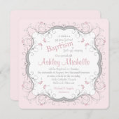 Bébé rose Gris Parchemin Floral Baptême Invitation (Devant / Derrière)