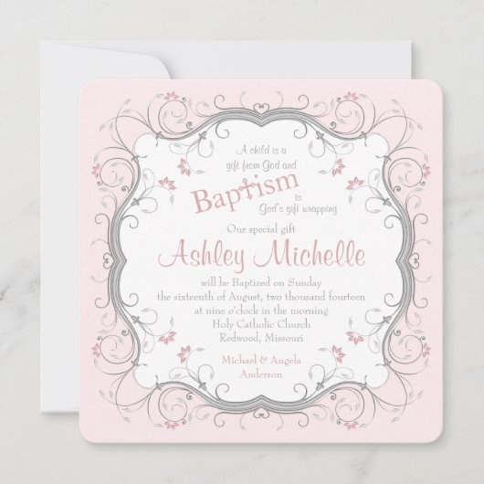 Bébé rose Gris Parchemin Floral Baptême Invitation (Devant)