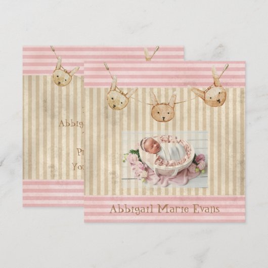 Bébé rose mignon fille Faire-part de naissance (Devant / Derrière)