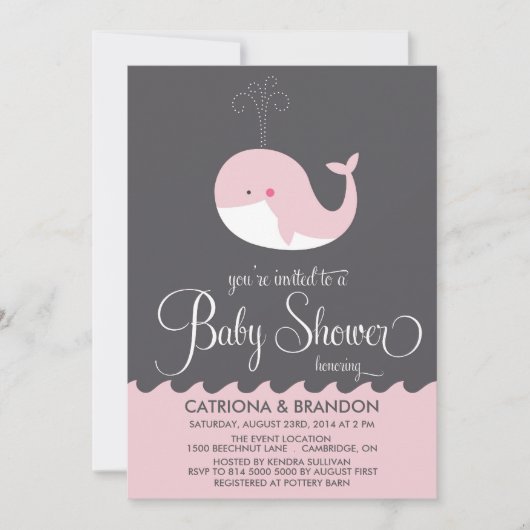 Bébé rose mignonne Baleine Bébé Douche Invitations (Devant)
