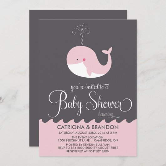 Bébé rose mignonne Baleine Bébé Douche Invitations (Devant / Derrière)