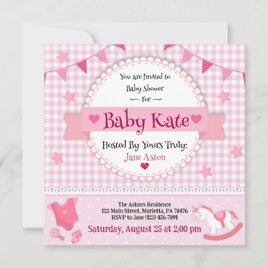 Bébé rose mignonne Fille Douche Fête Invitation (Devant)