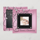 Bébé rose noir fille photo Christening Invitations (Devant / Derrière)