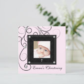 Bébé rose noir fille photo Christening Invitations (Debout devant)