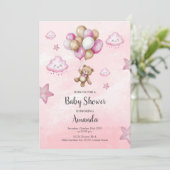 Bébé rose Ours Balloon Girl Baby shower Invitation (Debout devant)