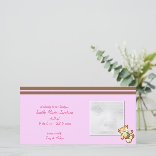 Bébé rose ours Faire-part de bébé (Debout devant)