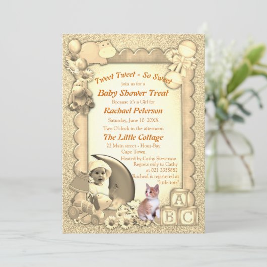 Bébé rose rose Douche Tweets Invitation (Debout devant)