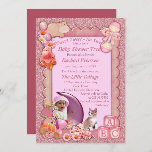 Bébé rose rose Douche Tweets Invitation (Devant / Derrière)
