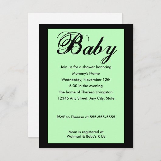 Bébé Script Baby shower Invitation Vert (Devant / Derrière)