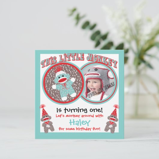 Bébé Sock Singe Anniversaire Fête Invitations (Debout devant)