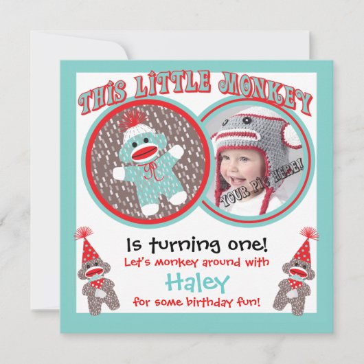 Bébé Sock Singe Anniversaire Fête Invitations (Devant)
