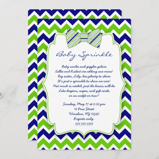 Bébé Sprinkle Marine Green Bow cravate invitation (Devant / Derrière)