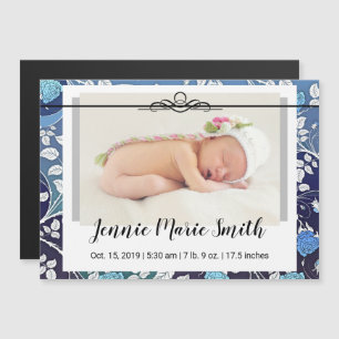 Bébé Stats Faire-part Flore Bleu Script fantaisie