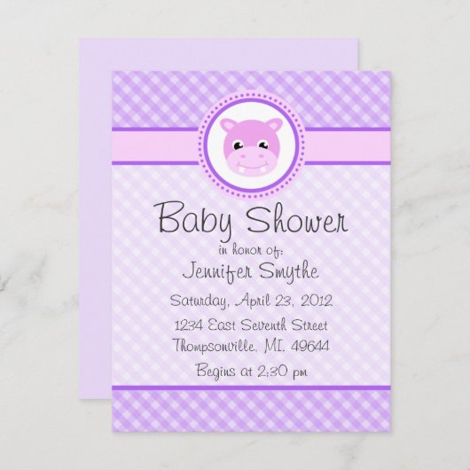 Bébé sucré Hippo Purple Invitation à la douche pou (Devant / Derrière)