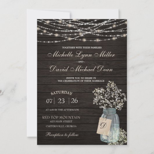 Bébé's Breath Mason Jar Rustic Faire-part de maria (Devant)