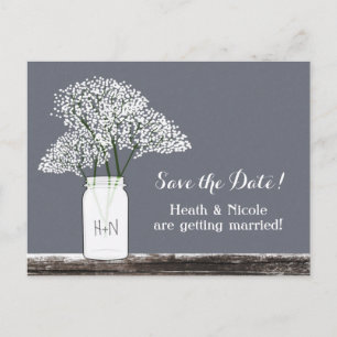 Bébé's Breath Mason Jar Save Date Grey Carte posta