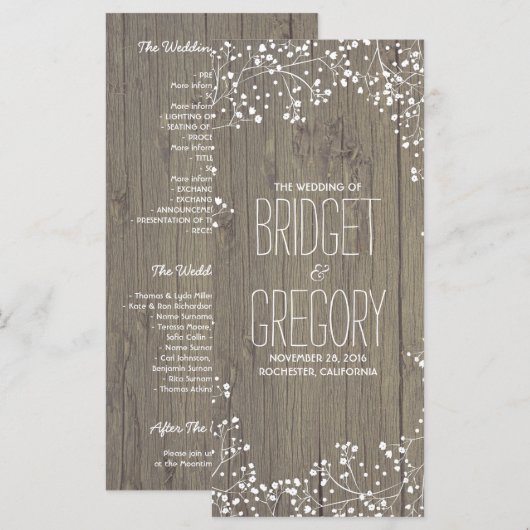 Bébé's Breath Rustic Wood Wedding Programmes (Devant / Derrière)