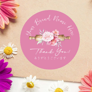 Bedankt Bakkerij Rolling Pin Pink Floral Elegant Ronde Sticker