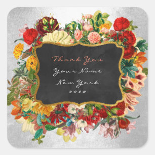 Bedankt Cadeaulabel Zilver Rood Barok Bloemen Vierkante Sticker