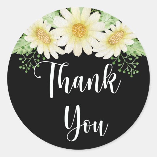 Bedankt Daisy Flowers Black Ronde Sticker (Voorkant)