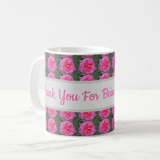 Bedankt dat je mijn leraar roze roze rozenpatroon koffiemok (Voorkant links)
