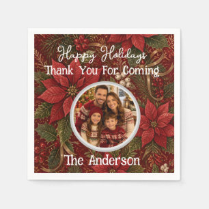 Bedankt Familie Foto Bloemrijk Dieprood Kerstmis Servet