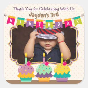 Bedankt Favor Happy Birthday Cupcakes Bunting Foto Vierkante Sticker
