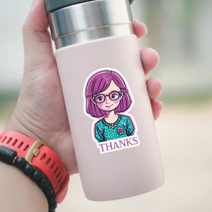 "BEDANKT" Mooie roze haar meisje met bril Sticker