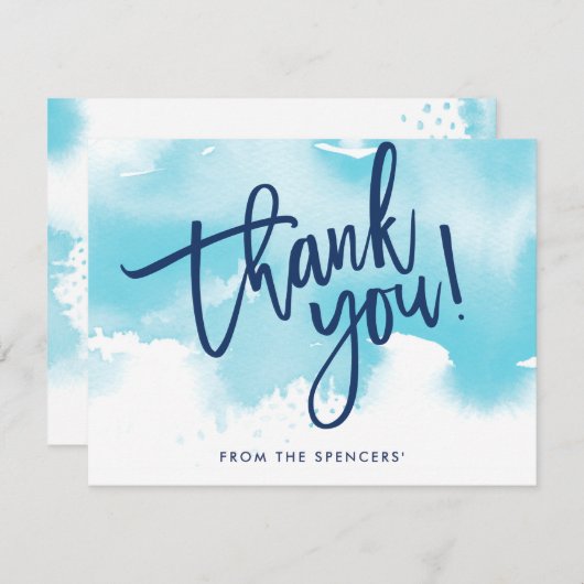 BEDANKT OPMERKING met de hand geletterd aqua blue Kaart (Voorkant / Achterkant)