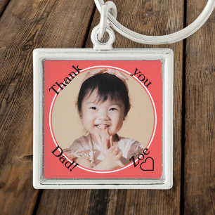 Bedankt papa in rond en rood, foto en naam sleutelhanger