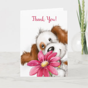 Bedankt, Schattigee hond met grote bloemen Kaart