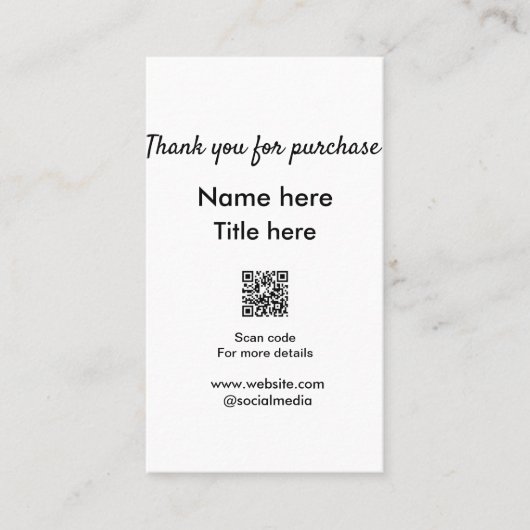 Bedankt voor de aankoop naam hier scannen QR Visitekaartje (Voorkant)