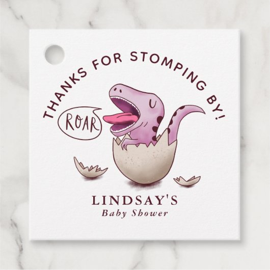 Bedankt voor Stomping Door Roze Dinosaur Baby show Bedankjes Labels (Voorkant)