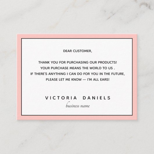 Bedankt voor uw aankoop | roze vrouwelijk informatiekaartje (Voorkant)