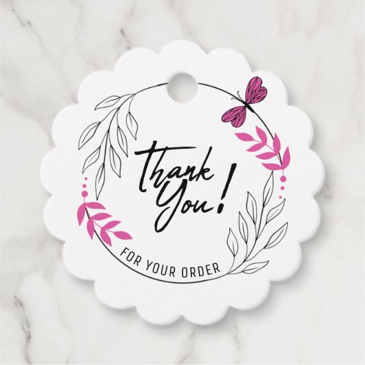Bedankt voor uw bestelling met roze vlinder bedankjes labels (Voorkant)