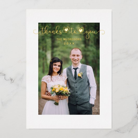 Bedankt Wedding Golden Heart Whimsical-script Folie Uitnodiging (Voorkant)