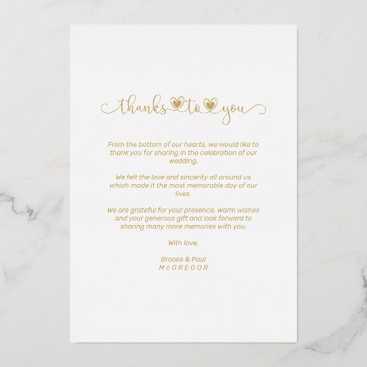 Bedankt Wedding Golden Heart Whimsical-script Folie Uitnodiging (Achterkant)