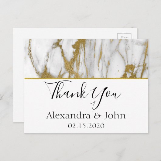 Bedankt Wit en Goud Elegant Marmer Briefkaart (Voorkant / Achterkant)