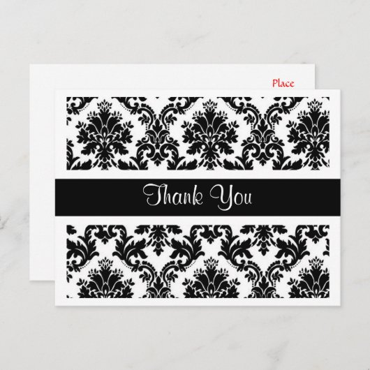 Bedankt Zwart-wit Damask Bloemen Briefkaart (Voorkant / Achterkant)