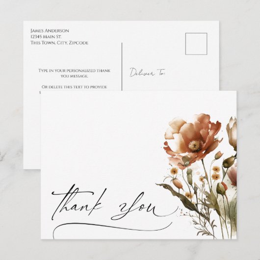 Bedanktsjabloon Waterverf Wildbloem Briefkaart (Voorkant / Achterkant)