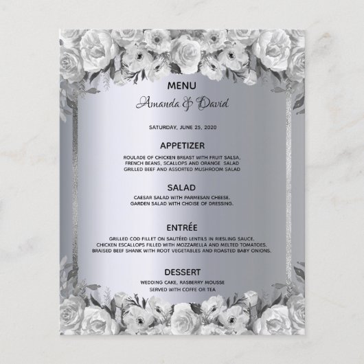 Bedrag zilveren witte rozen in het bruiloft Menu (Voorkant)