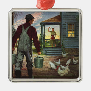 bedrijf, Boerderij met boeren en kippen Metalen Ornament
