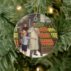 bedrijf, fruitstandaard met kruidenierswaren keramisch ornament