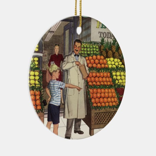 bedrijf, fruitstandaard met kruidenierswaren keramisch ornament (Rechts)